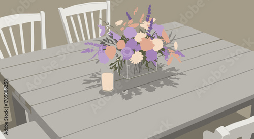 Here's a stock photo description for the image provided:

Table Setting with Flowers and Milk