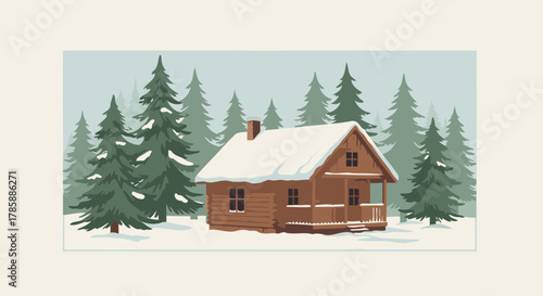 Log Cabin in Winter Forest, Cozy Christmas Holiday Getaway