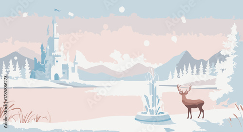 Winter Wonderland Scene with Snowfall, Castle, and Deer