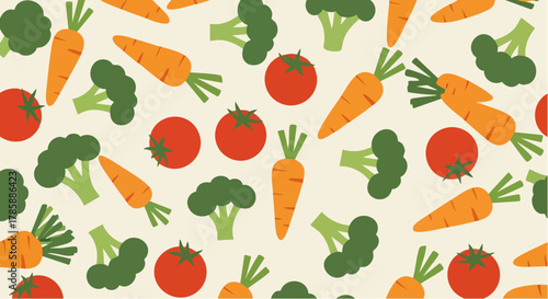 Colorful vegetable pattern featuring carrots, broccoli, and tomatoes on a light background.