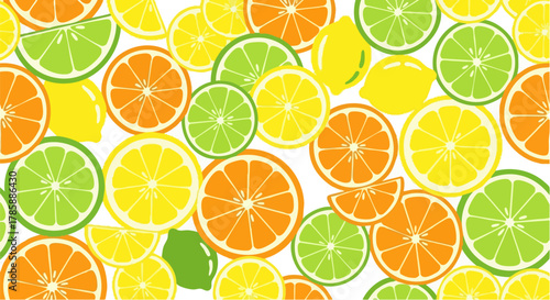 Colorful citrus fruit slices arranged in a vibrant and appetizing pattern, perfect for food-related designs.