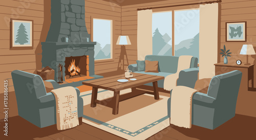 Cozy Cabin Living Room with Stone Fireplace and Mountain View
