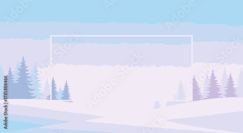 Winter Landscape with Snowy Hills and Evergreen Trees in Pastel Colors with Frame for Text