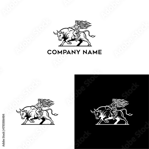 Abstract vector illustration of a woman riding a bull for company logo design
