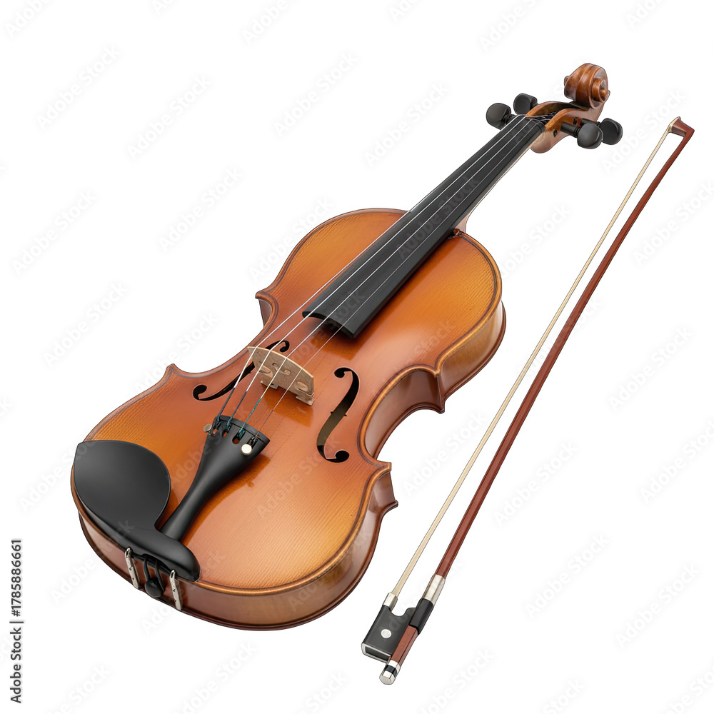 Fototapeta premium Acoustic Violin and Bow On Black Studio Background With Soft Dramatic Lighting High Detail Realistic Texture