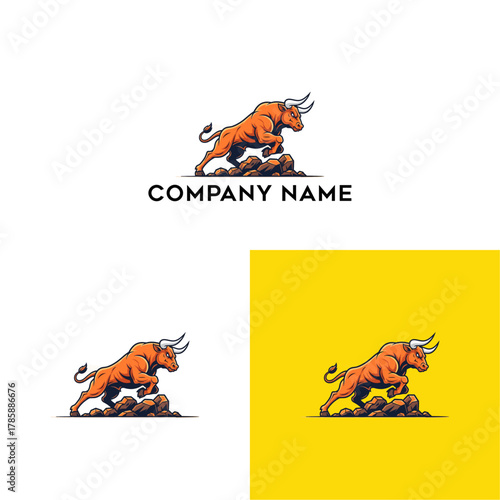 Powerful bull logo design showcasing strength and determination with rugged terrain