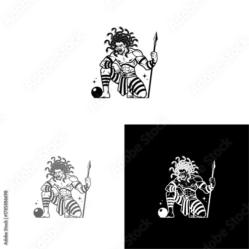 Stylized black and white vector illustration of a kneeling tribal warrior god with a spear, a powerful symbol of ancient mythology and strength