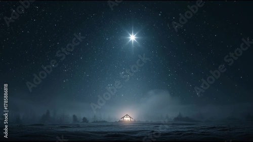 Brilliant holy star shines divine light through calm night sky over spiritual Christmas nativity manger, magical and serene scene
