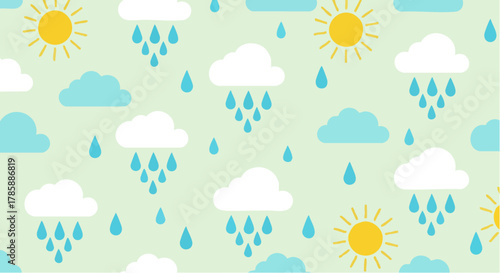 Weather pattern featuring clouds, rain, and sunshine, creating a cheerful atmosphere.