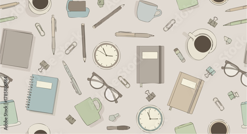 Office supplies and accessories scattered on a neutral background.