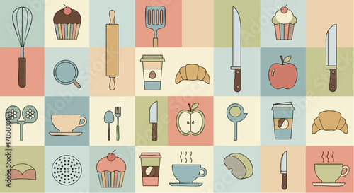 Collection of baking and cooking tools, utensils, and delicious food items.