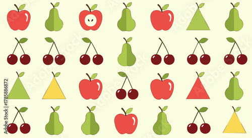 Colorful array of various fruits, including apples, pears, and cherries, arranged in a pattern.
