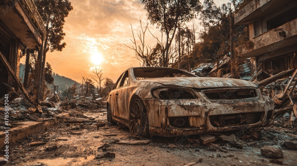 Obraz premium Post-Apocalyptic Wasteland: Abandoned Car in a Destroyed Urban Landscape