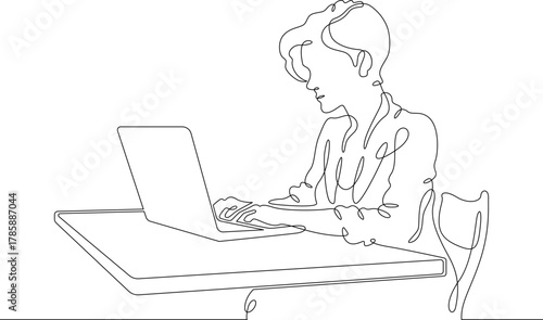 Continuous single line drawing girl is sitting at a laptop. A woman is working at a computer.Linear . One continuous line isolated minimalist illustration. Not AI.