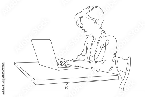 Continuous single line drawing girl is sitting at a laptop. A woman is working at a computer.Linear . One continuous line isolated minimalist illustration. Not AI.