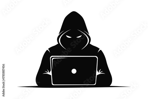 hacker in hoodie with laptop cybersecurity silhouette vector