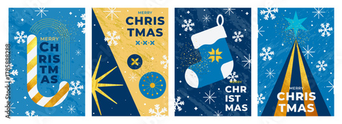 Stylish Christmas greeting cards in blue and gold color palette. Minimal geometric design with house, Christmas tree, snowflakes and ornaments. Perfect for holiday prints and digital cards. Vector