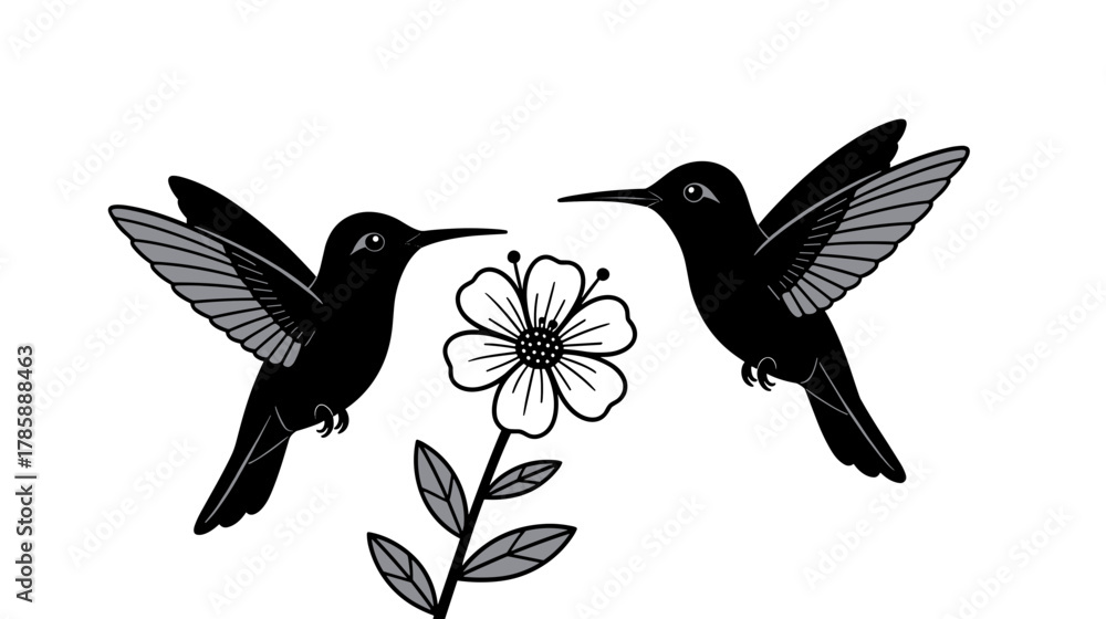 Obraz premium Two black hummingbirds hovering near a flower in minimal style 