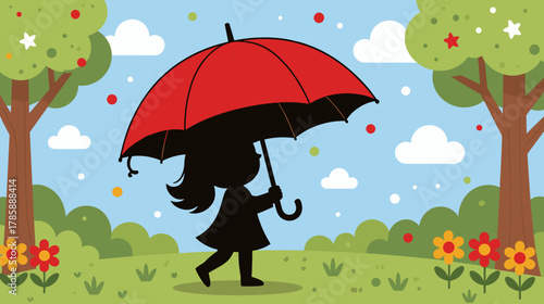 Girl walking with red umbrella in colorful garden setting  