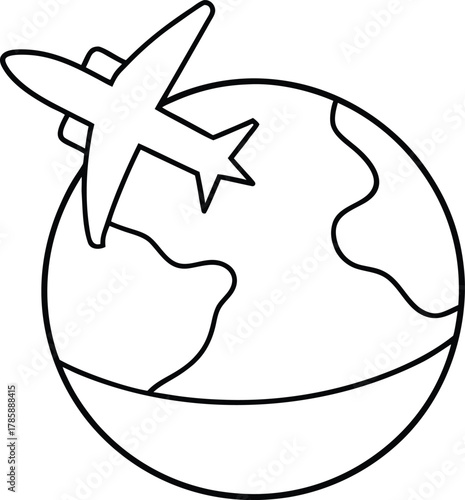 Airplane Flying Over Globe Line Art Vector Isolated on White Background
