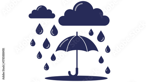 Umbrella under rain clouds with raindrops falling down  