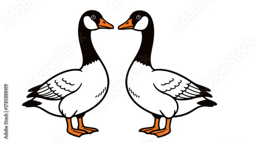 Two cartoon geese standing close together facing each other  