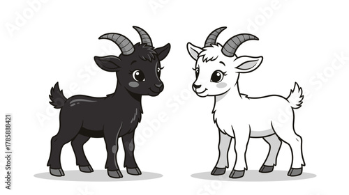 Cute cartoon goats standing side by side in black and white colors  