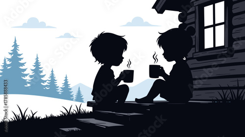Two children sitting outside cabin while enjoying warm drinks in winter  