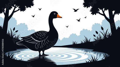 Black duck standing by the pond surrounded by trees and birds  