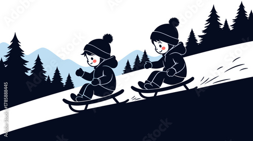Two children sledding down snowy hill in winter landscape  