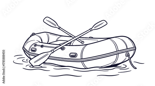 Inflatable boat with oars floating on water surface  