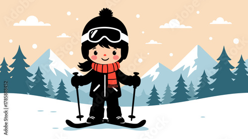 Young girl skiing in snowy mountains with winter outfit and smile  
