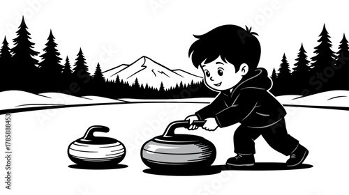 Young boy curling on ice rink with mountains in background  