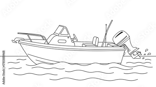 Motorboat on water with detailed illustration in line art style  