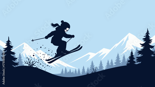 Child skiing and jumping in snowy mountain landscape  