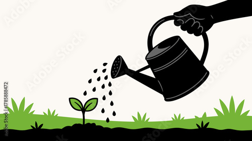 Hand watering green plant in garden with watering can  