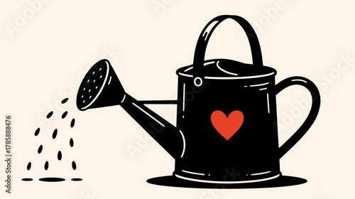 Black watering can with heart design pouring water on beige background  
