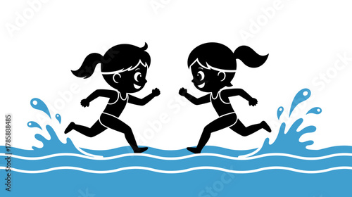 Two girls running in water while splashing and having fun  