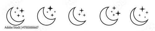 Crescent Moon and Stars Icons Set – Night Sky and Dream Symbol, Sleep and Calm Sign.