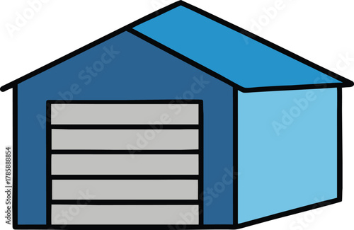 Simple blue garage building with roll up door isolated on transparent background