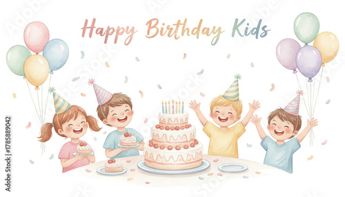 Four happy children celebrating a birthday with cake, balloons, and party hats.