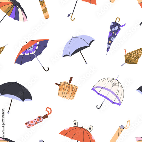 Repeatable pattern of different umbrellas. Endless background of various parasols, brollies, and canopy from rain. Design with autumn accessories for rainy weather. Flat seamless vector illustration