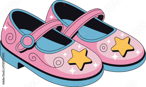 Pair of Cute Pink and Blue Mary Jane Shoes with Star Decoration Vector