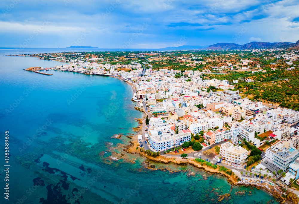 Fototapeta premium Hersonissos town aerial panoramic view in Crete, Greece