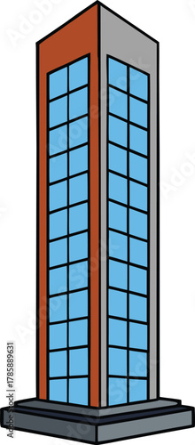Stylized cartoon illustration of a modern office building with orange and gray facade and blue glass windows isolated on transparent background