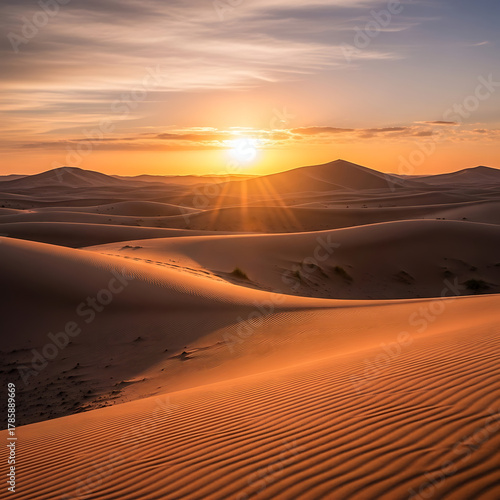 Fototapeta Naklejka Na Ścianę i Meble -  Sahara Desert Landscape at Sunset Tranquil Sand Dunes in Morocco Golden Hour Sunlight Warm Light Serene Desert Horizon African Nature Travel Scenery
