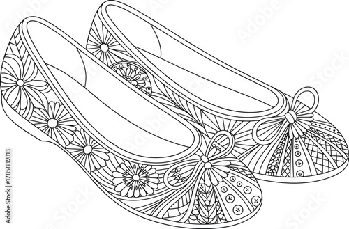 Adult Coloring Page Detailed Floral Pattern Ballet Flats Line Art Vector