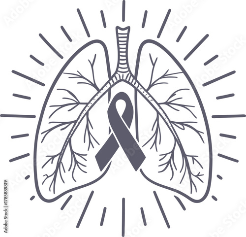 Human lungs with grey ribbon illustration depicting lung health awareness and support in minimalist line art style