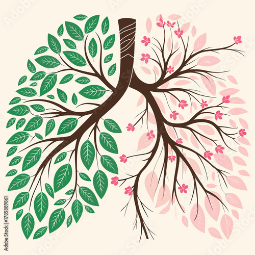 Artistic lung anatomy with tree branches and leaves illustration representing health and growth in nature inspired style