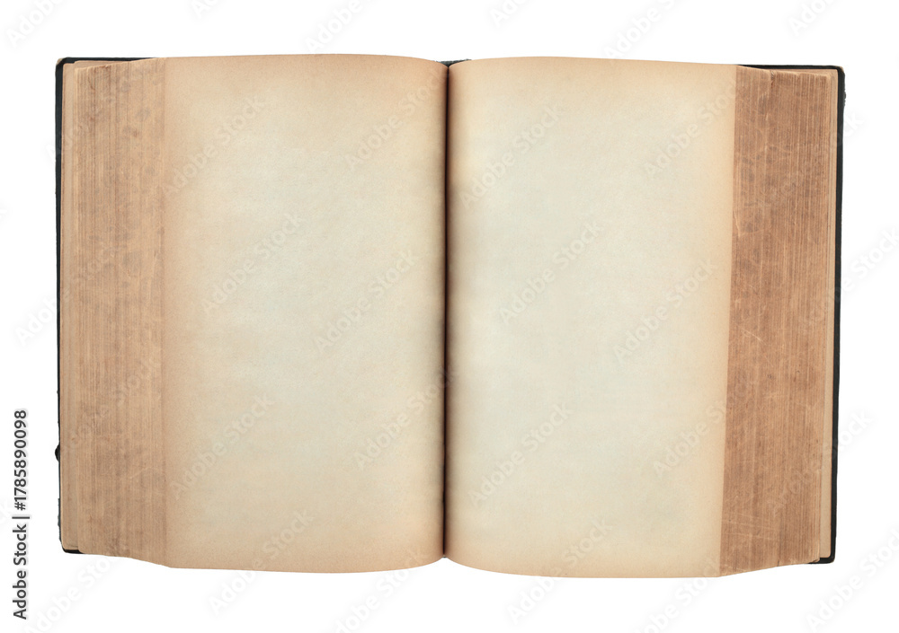 Naklejka premium Open antique book showing blank aged pages, isolated on transparent background. Ideal for historical, educational, or design projects